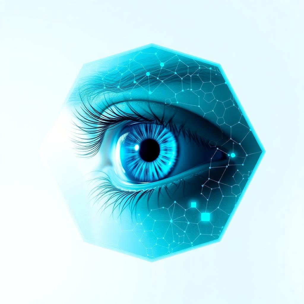 Hexagonal composition of an eye overlaid with a molecular network, illustrating PharmAla's regulatory-first scientific approach